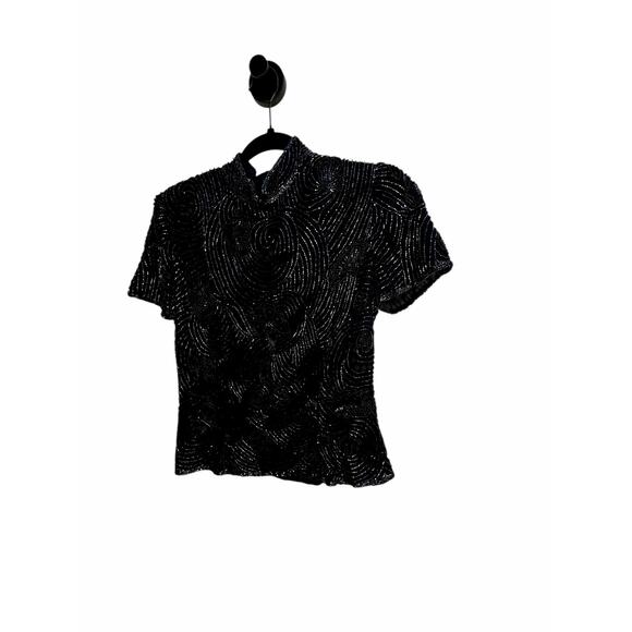 Papell Boutique Evening Beaded Sequin Silk Top Black Short Sleeve Size Small - Picture 16 of 16